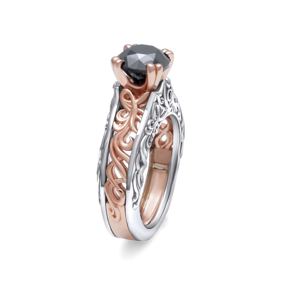 Atr Nouveau Black Diamond Engagement Ring Unusual Two Tone Gold Ring Unique Vintage Engagement Ring